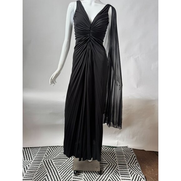 BCBG Max Azria Black Pleated Evening Gown With Sheer Asymmetrical Drape & Ruched - Picture 13 of 16